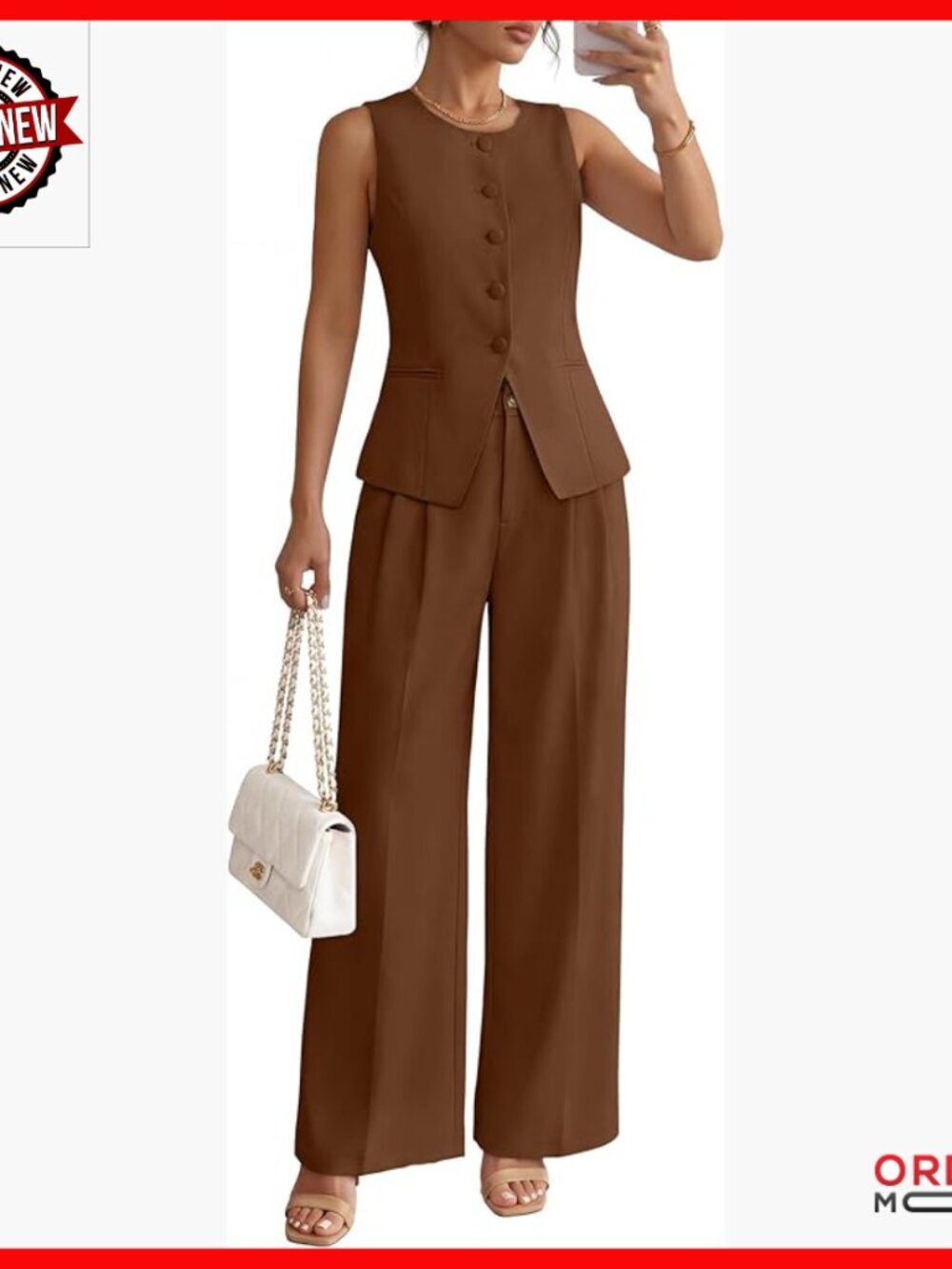 Sleeveless Blazer Vest Wide Leg Pants Business Casual Suit Set Polyester